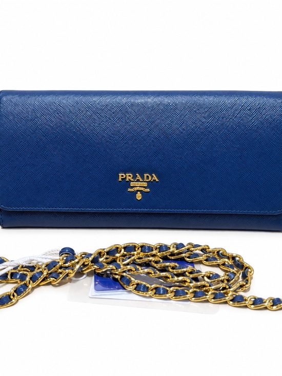Prada Handbags - Prada Blue Saffiano Leather Chain Clutch with Gold Chain